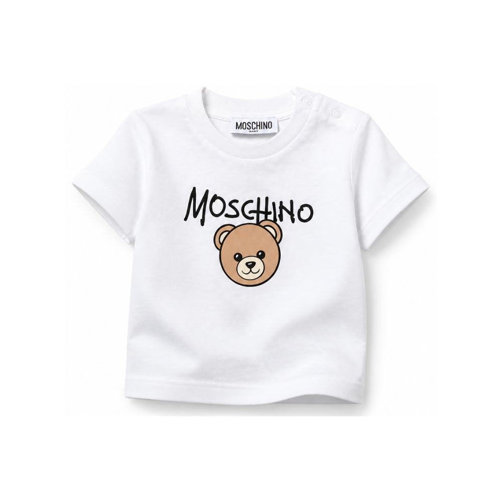 T-shirt per bambini Moschino Kids bianca con stampa orsetto sul davanti M6M047LAA34 10101 MOSCHINO KIDS