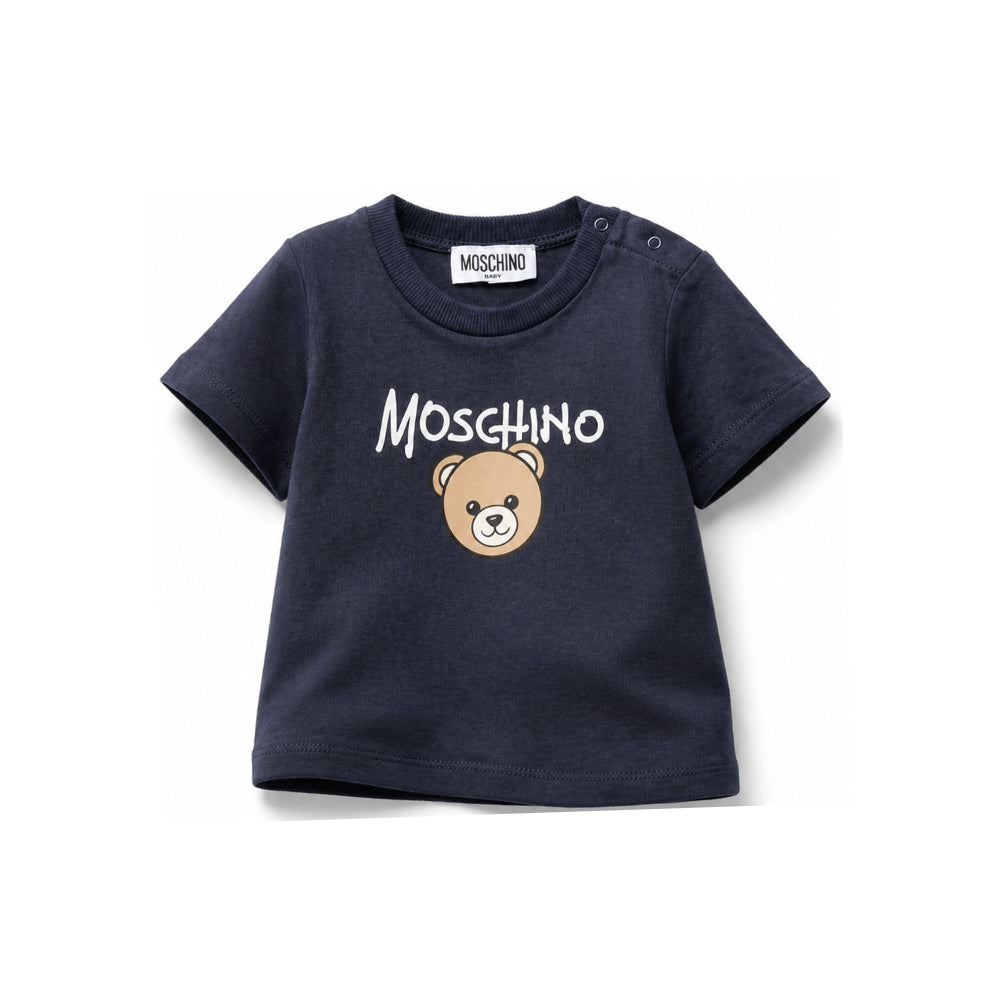 T-shirt per neonato Moschino Kids blu con stampa Teddy Bear sul davanti M6M047LAA34 40016 MOSCHINO KIDS