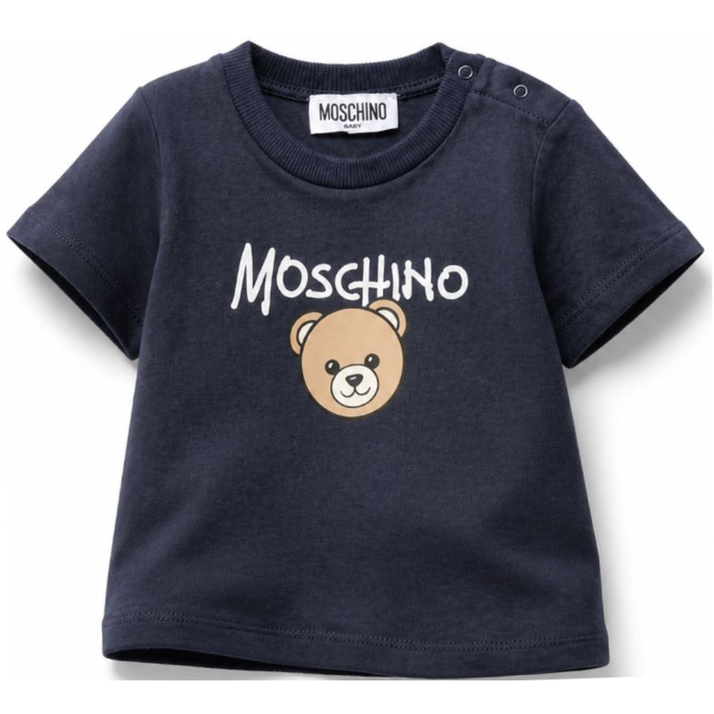 T-shirt per neonato Moschino Kids blu con stampa Teddy Bear sul davanti M6M047LAA34 40016 MOSCHINO KIDS