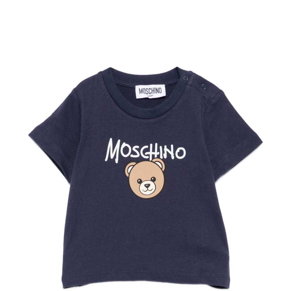 T-shirt per neonato Moschino Kids blu con stampa Teddy Bear sul davanti M6M047LAA34 40016 MOSCHINO KIDS