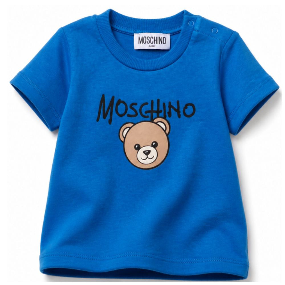 T-shirt per neonato Moschino Kids blu con stampa Teddy Bear sul davanti M6M047LAA34 40157 MOSCHINO KIDS