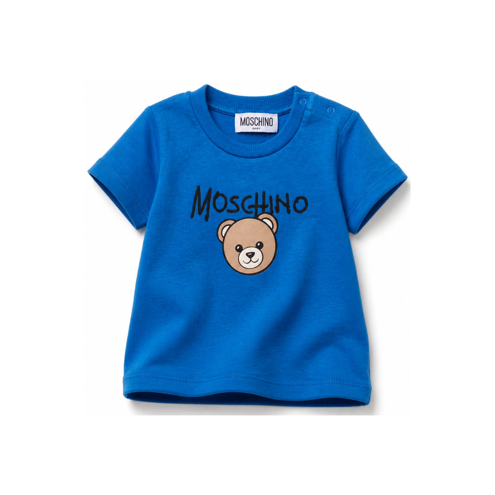 T-shirt per neonato Moschino Kids blu con stampa Teddy Bear sul davanti M6M047LAA34 40157 MOSCHINO KIDS