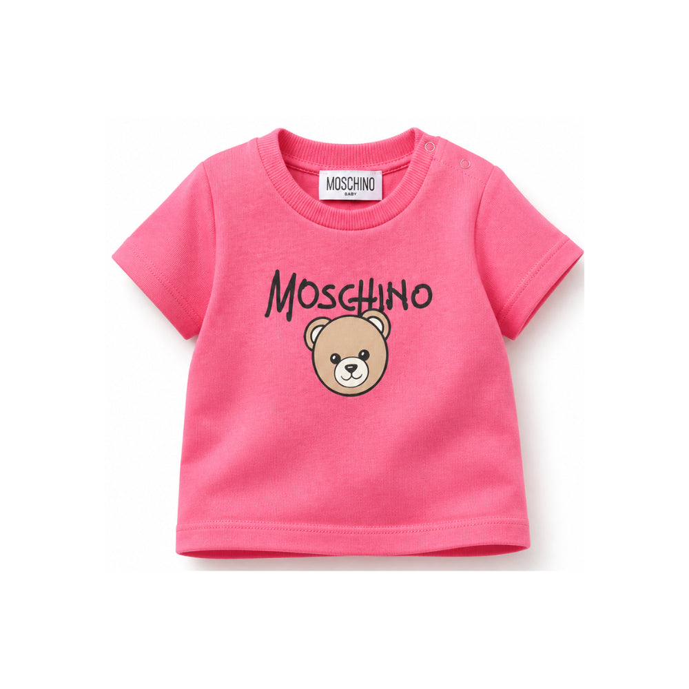 T-shirt per neonata Moschino Kids fucsia con stampa Teddy Bear sul davanti M6M047LAA34 51450 MOSCHINO KIDS