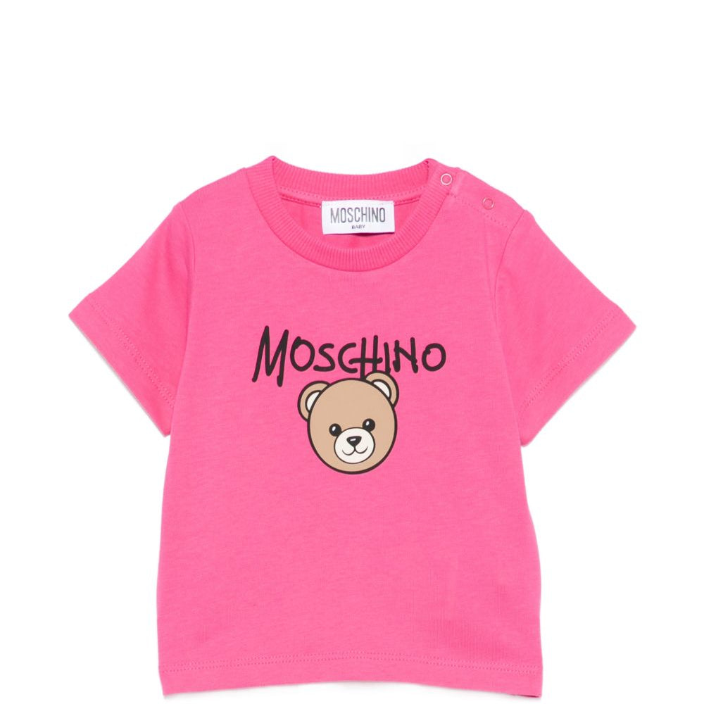 T-shirt per neonata Moschino Kids fucsia con stampa Teddy Bear sul davanti M6M047LAA34 51450 MOSCHINO KIDS