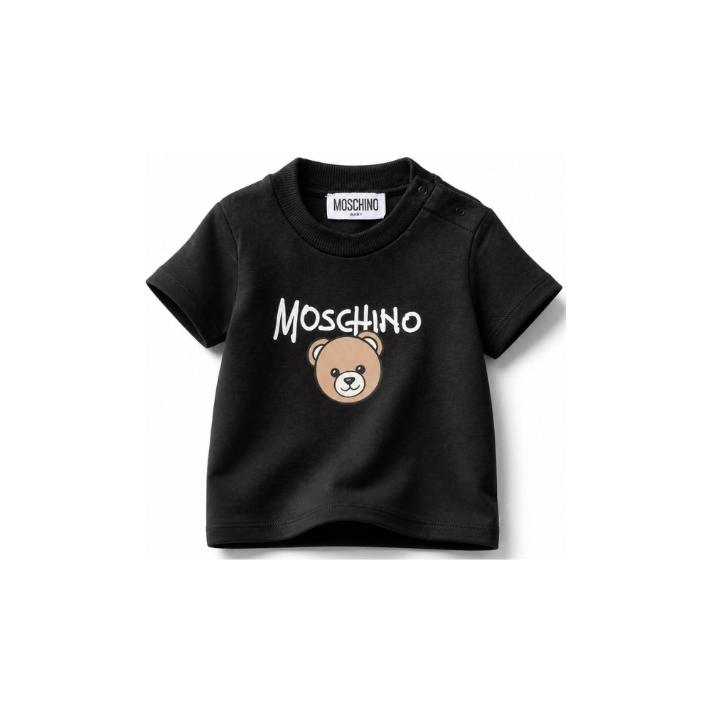 T-shirt per neonati Moschino Kids nera con stampa Teddy Bear sul davanti M6M047LAA34 60100 MOSCHINO KIDS