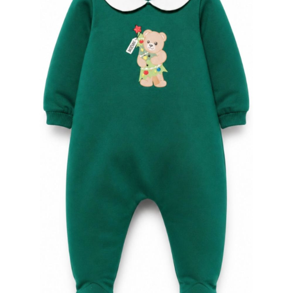 Tutina per neonati Moschino Kids verde con stampa Teddy Bear natalizia M6Y037LCA61 30327 MOSCHINO KIDS