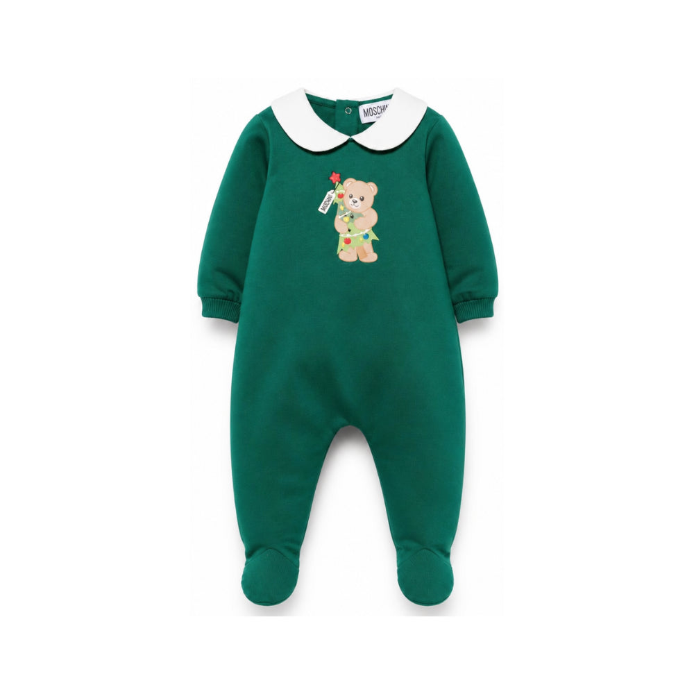 Tutina per neonati Moschino Kids verde con stampa Teddy Bear natalizia M6Y037LCA61 30327 MOSCHINO KIDS