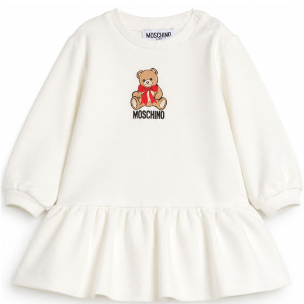 Abito per neonata Moschino Kids bianco con stampa orsetto sul davanti MBV0BKLDA18 10063 MOSCHINO KIDS