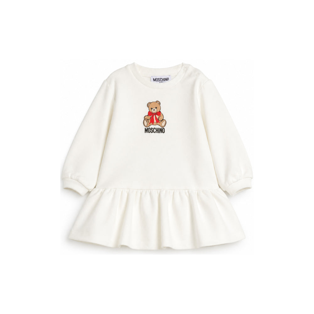 Abito per neonata Moschino Kids bianco con stampa orsetto sul davanti MBV0BKLDA18 10063 MOSCHINO KIDS