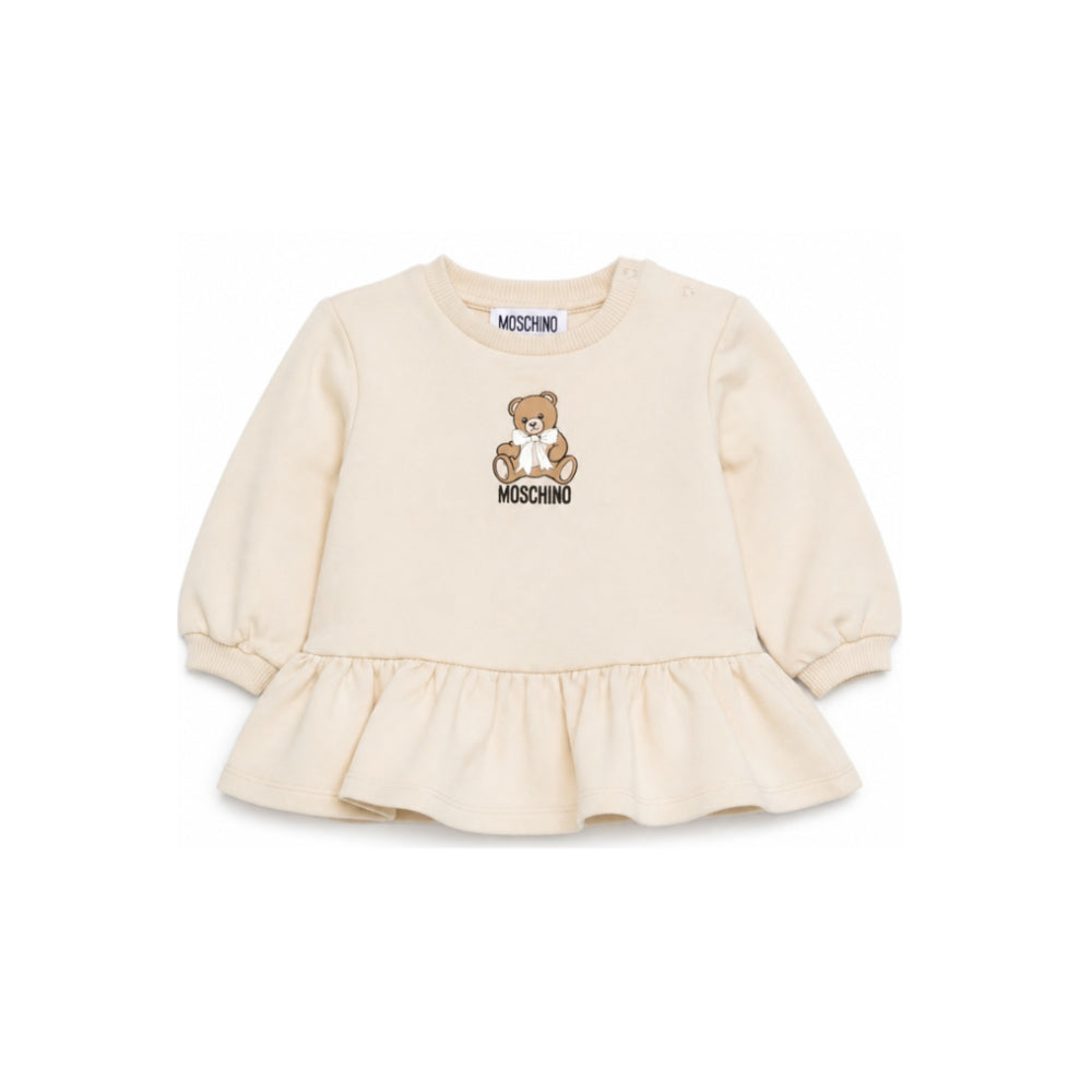 Abito per neonata Moschino Kids beige con stampa orsetto sul davanti MBV0BKLDA18 20404 MOSCHINO KIDS