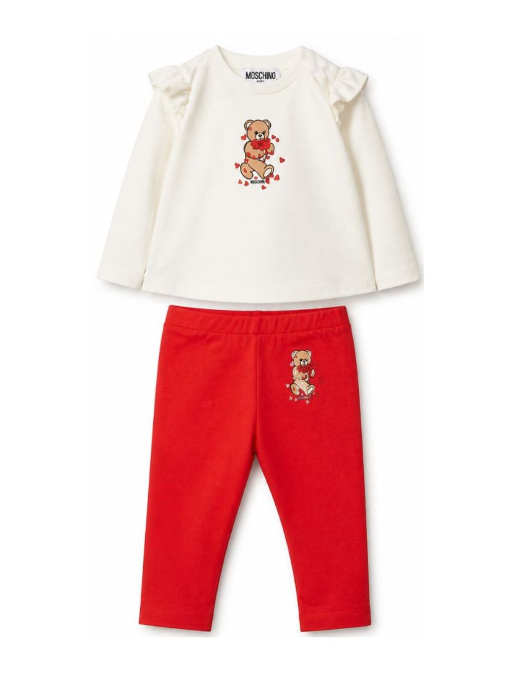 Completo t-shirt e pantaloni per neonata Moschino Kids bianco e rosso con motivo Teddy Bear MCK01XLBA11 83979 MOSCHINO KIDS