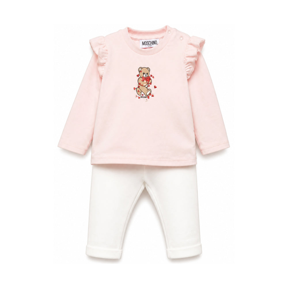 Completo per neonata Moschino Kids rosa e bianco con dettaglio con volant MCK01XLBA11 84241 MOSCHINO KIDS