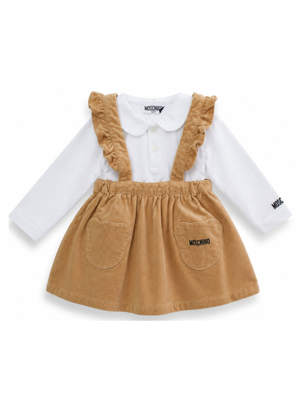 Abito per neonata Moschino Kids marrone in velluto con stampa logo MDK03ILVC02 20351 MOSCHINO KIDS