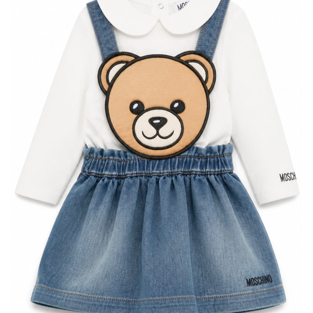 Completo in salopette per neonata Moschino Kids denim con orsacchiotto MDK03OLXE43 10063 MOSCHINO KIDS