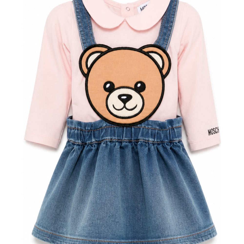 Completo in salopette per neonata Moschino Kids denim con orsacchiotto MDK03OLXE43 50209 MOSCHINO KIDS