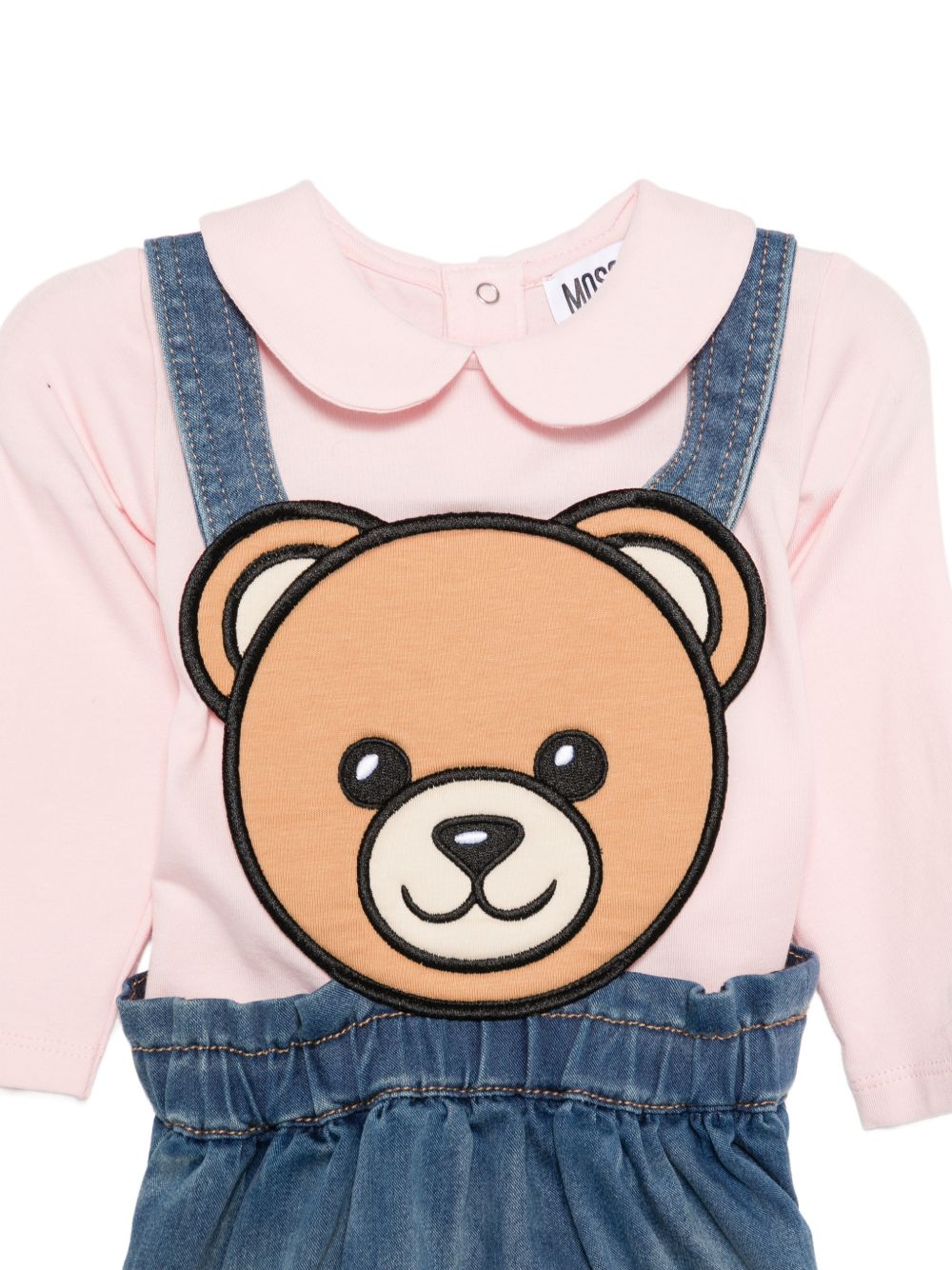 Completo in salopette per neonata Moschino Kids denim con orsacchiotto MDK03OLXE43 50209 MOSCHINO KIDS