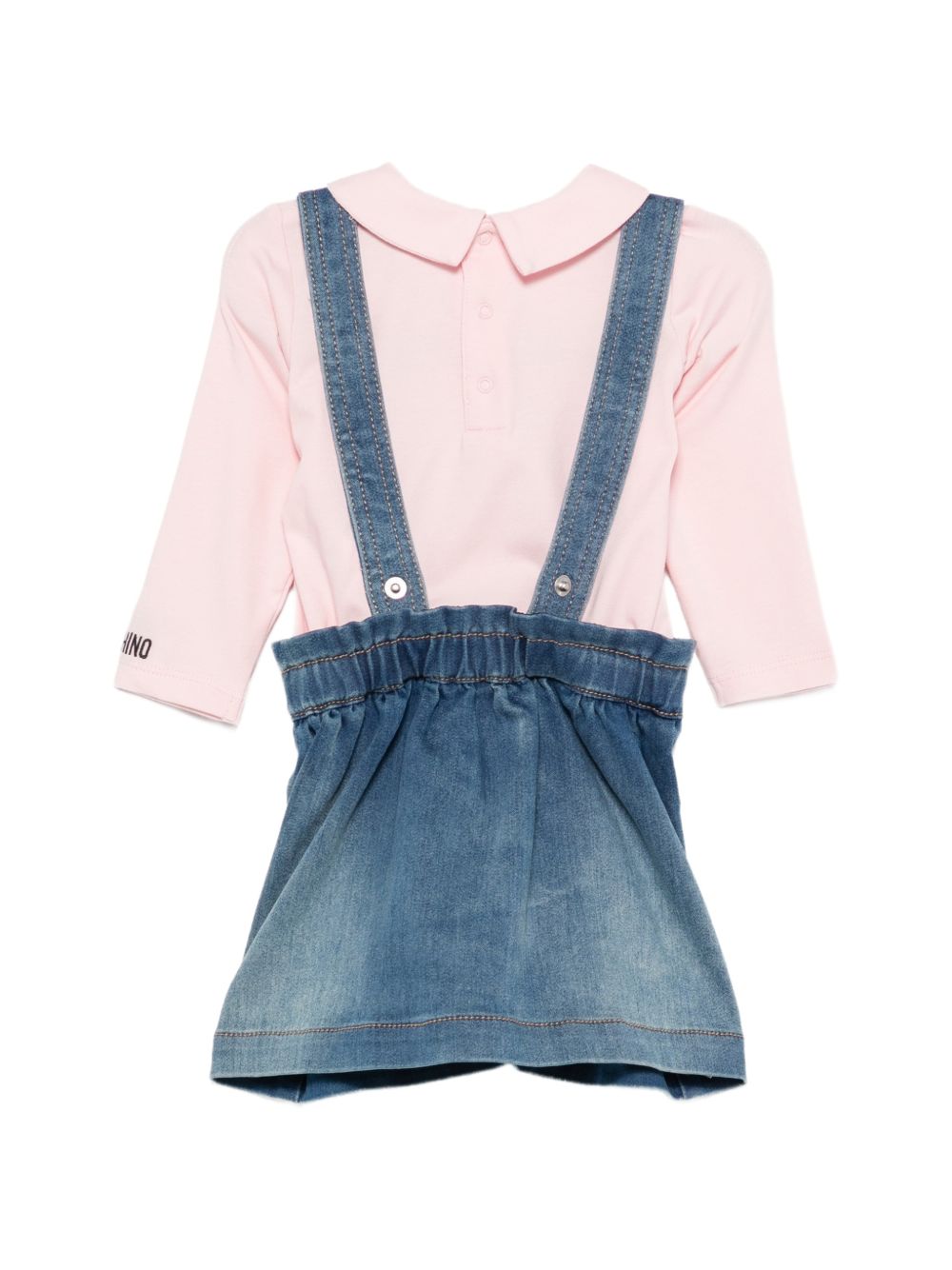 Completo in salopette per neonata Moschino Kids denim con orsacchiotto MDK03OLXE43 50209 MOSCHINO KIDS