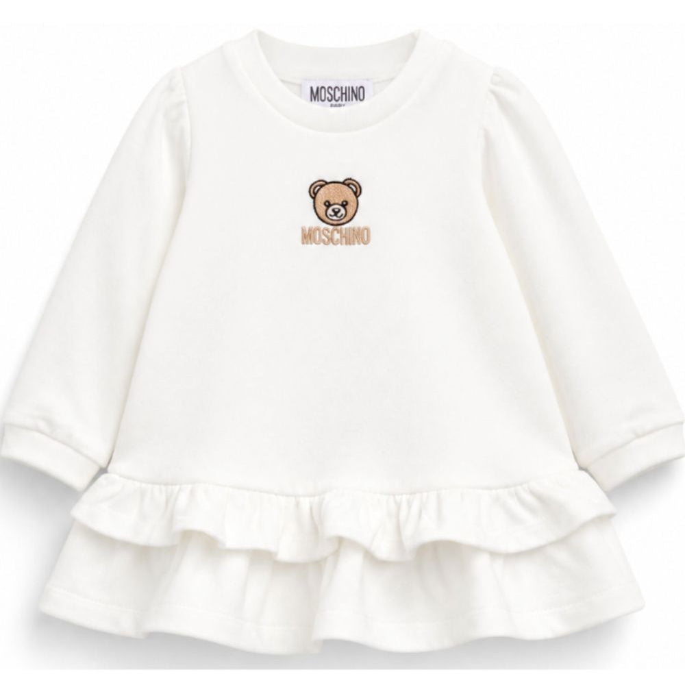 Abito per neonata Moschino Kids bianco con volant con motivo orsetto MDV0DQLCA40 10063 MOSCHINO KIDS