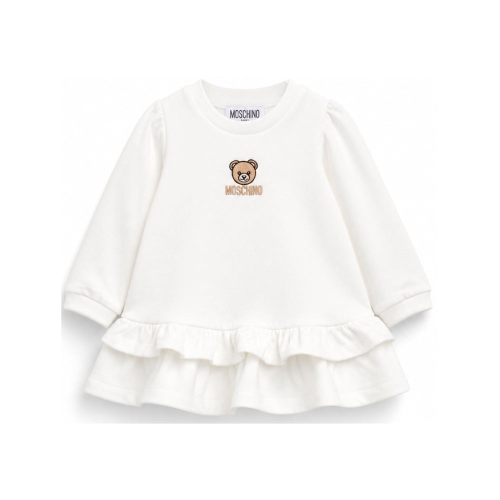 Abito per neonata Moschino Kids bianco con volant con motivo orsetto MDV0DQLCA40 10063 MOSCHINO KIDS
