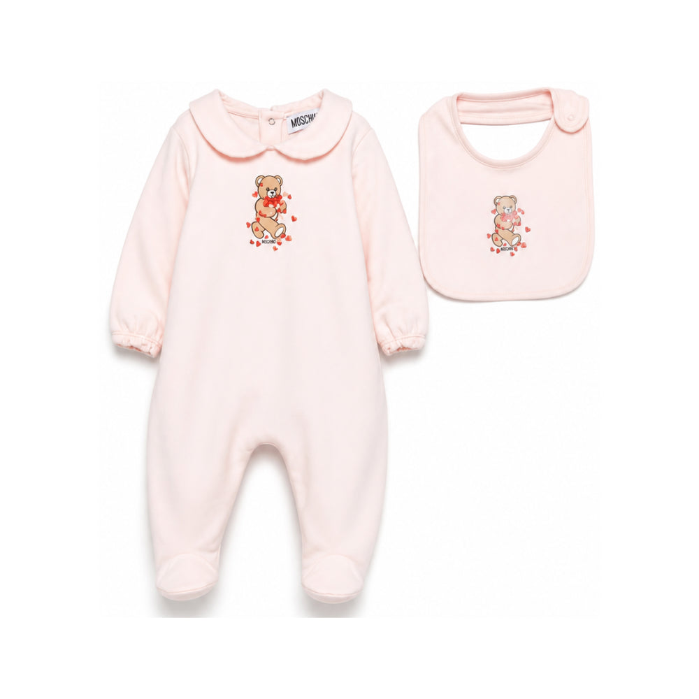 Set tutina e bavaglino per neonata Moschino Kids rosa con motivo Teddy Bear MDY01CLDA63 50209 MOSCHINO KIDS