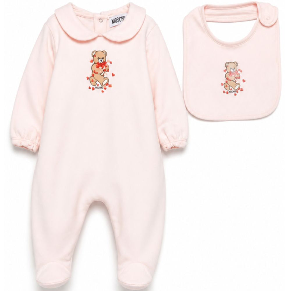 Set tutina e bavaglino per neonata Moschino Kids rosa con motivo Teddy Bear MDY01CLDA63 50209 MOSCHINO KIDS