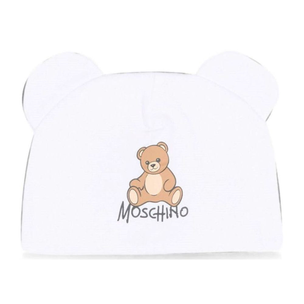 Berretto per neonati Moschino Kids bianco con motivo Teddy bear MMX05HLCA40 10101 MOSCHINO KIDS