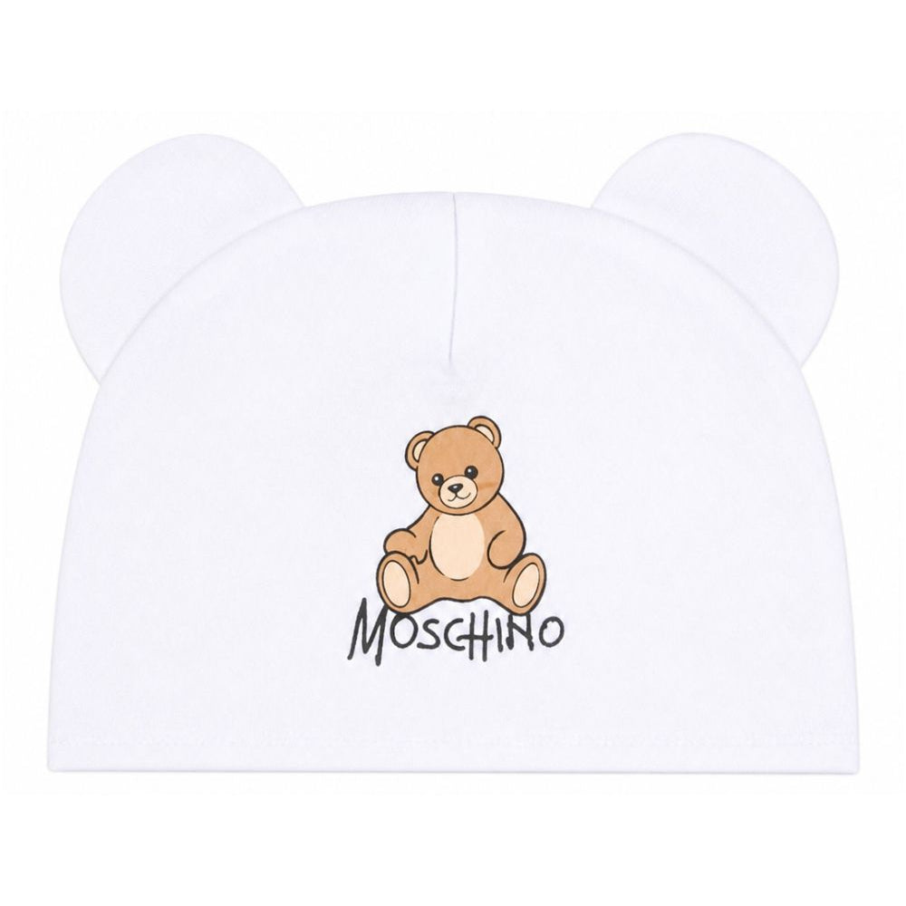 Berretto per neonati Moschino Kids bianco con motivo Teddy bear MMX05HLCA40 10101 MOSCHINO KIDS