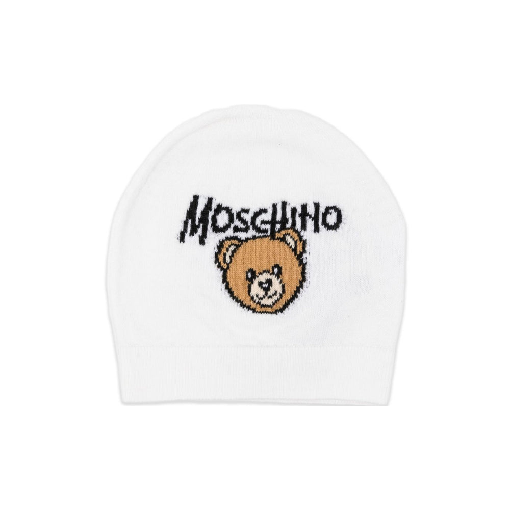 Cappello per neonati Moschino Kids bianco con logo ricamato<BR/> MMX05KLHE43 10101 MOSCHINO KIDS