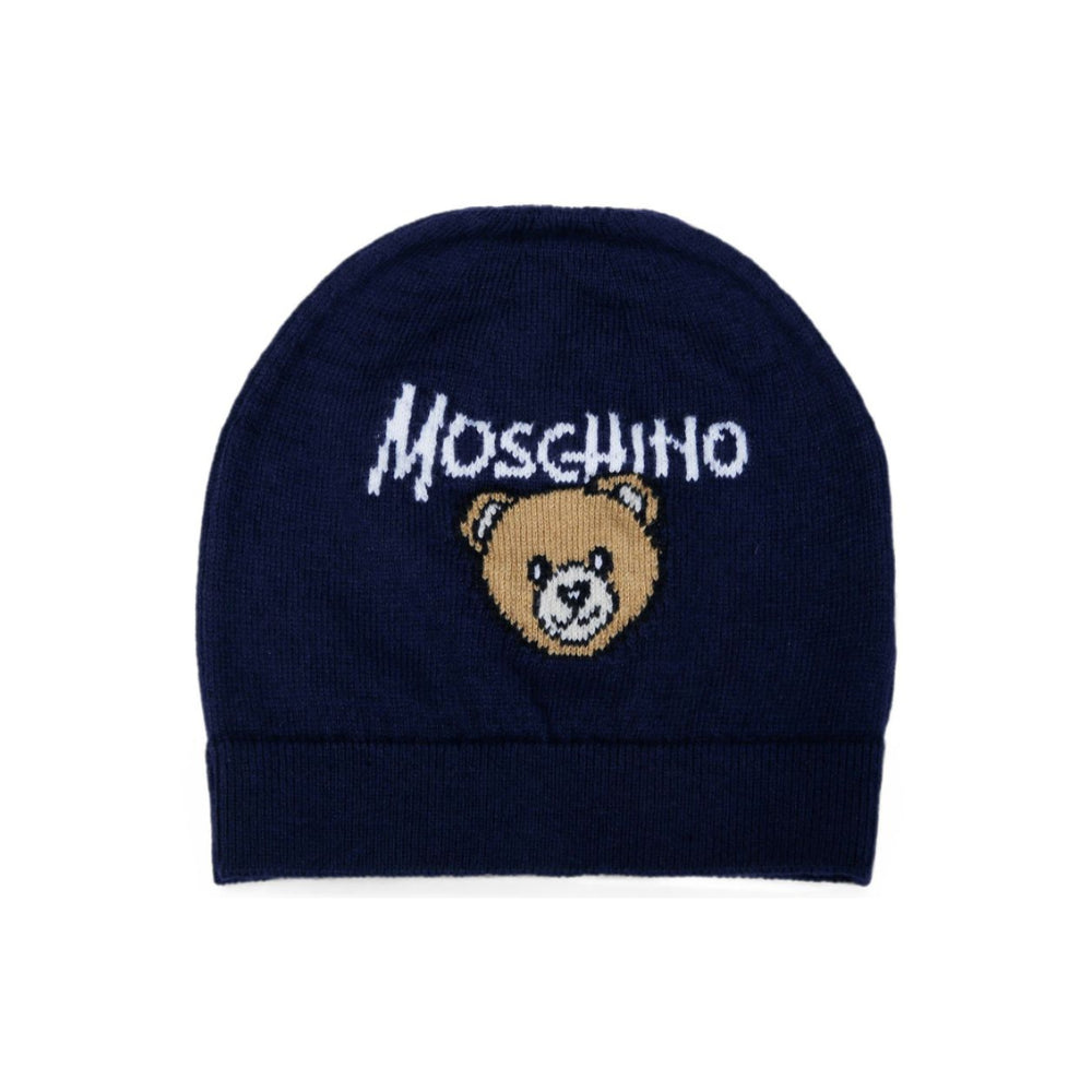 Cappello per neonato Moschino Kids blu con logo ricamato MMX05KLHE43 40016 MOSCHINO KIDS