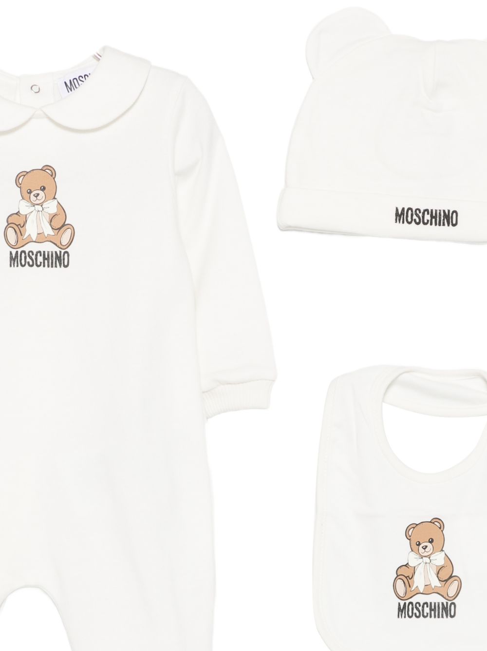 Set tutina, berretto e bavaglino per neonati Moschino Kids bianco con motivo Teddy Bear MNY08BLCA40 10063 MOSCHINO KIDS