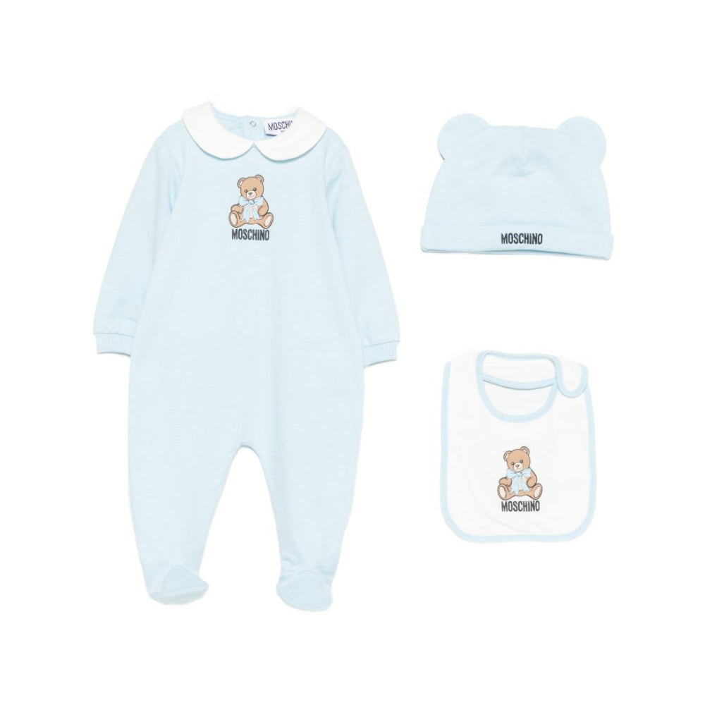 Set tutina cappellino e bavetta per neonato Moschino Kids azzurro con stampa Teddy Bear MNY08BLCA40 40304 MOSCHINO KIDS