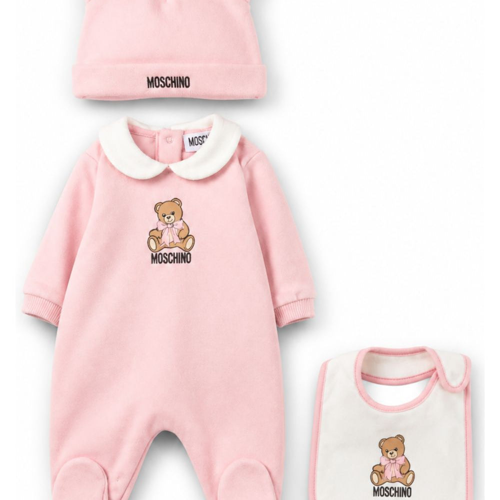 Set per neonata Moschino Kids rosa con stampa logo sul davanti MNY08BLCA40 50209 MOSCHINO KIDS