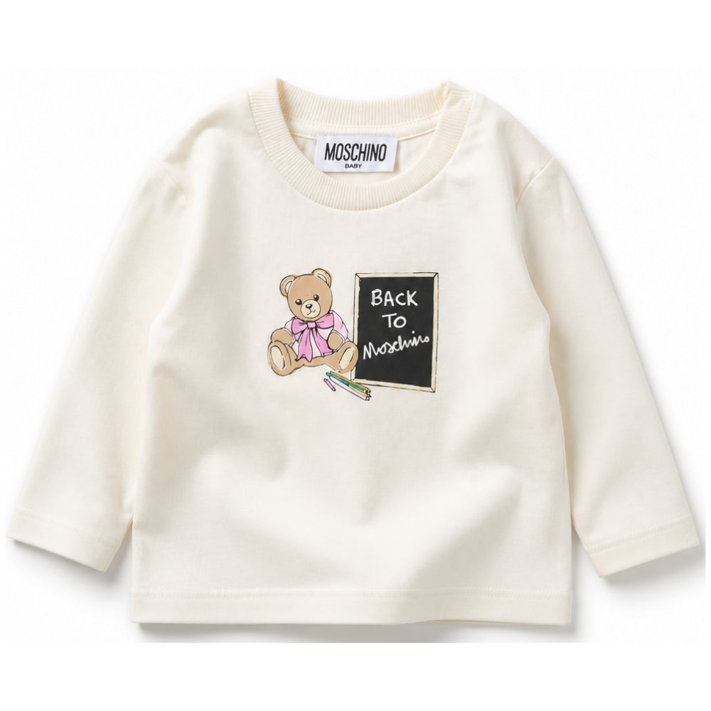 T-shirt per neonati Moschino Kids bianca avorio a maniche lunghe MQO014LAA10 10063 MOSCHINO KIDS
