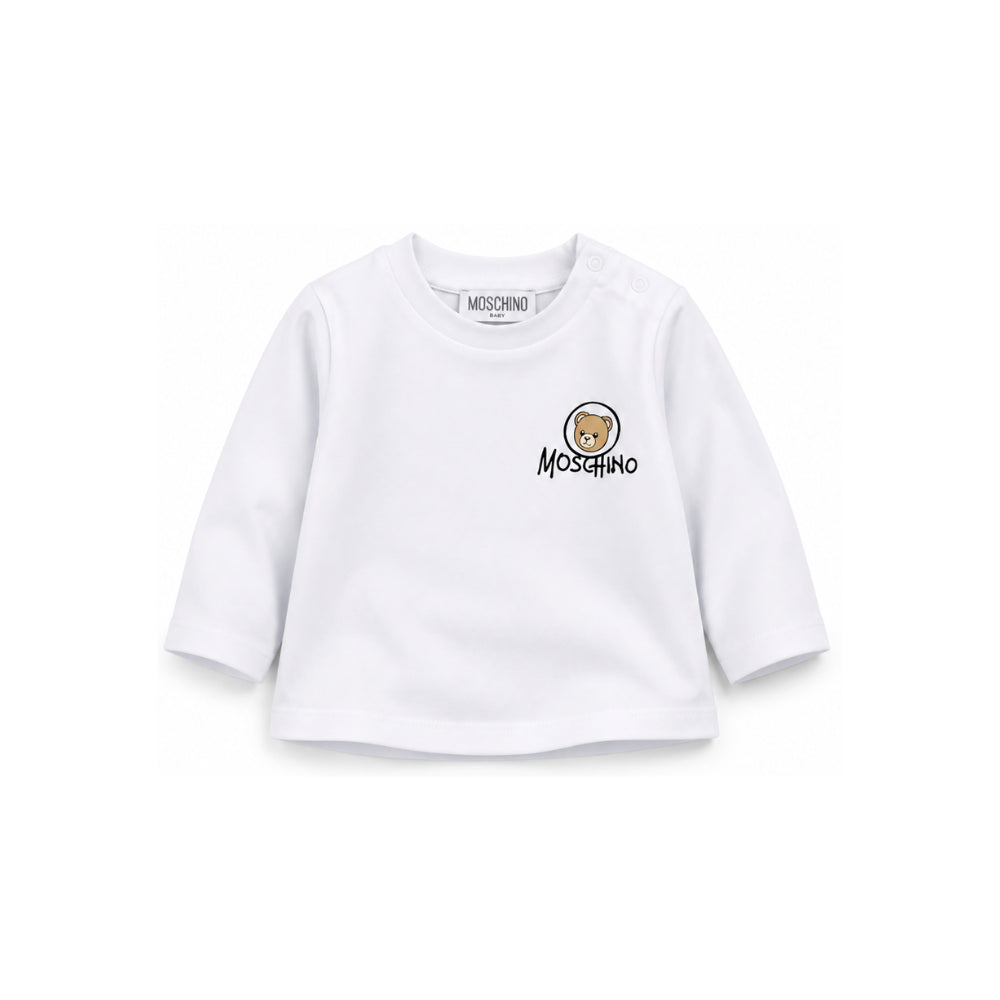 T-shirt per neonati Moschino Kids bianca con stampa Teddy sul davanti MRO014LAA34 10101 MOSCHINO KIDS