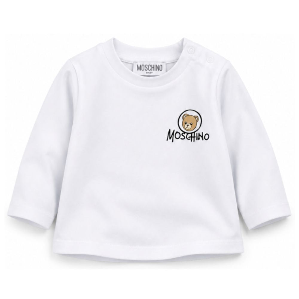 T-shirt per neonati Moschino Kids bianca con stampa Teddy sul davanti MRO014LAA34 10101 MOSCHINO KIDS