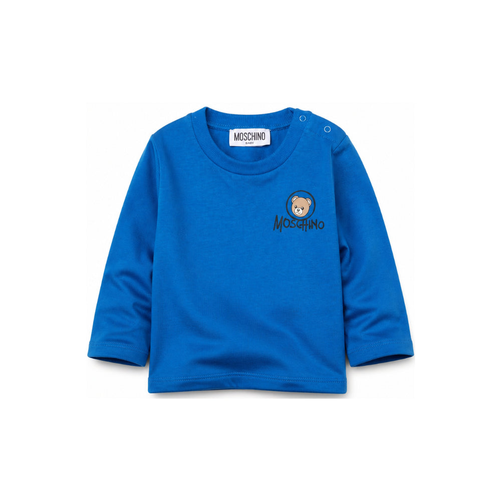 T-shirt per neonato Moschino Kids azzurra con stampa Teddy sul davanti MRO014LAA34 40157 MOSCHINO KIDS