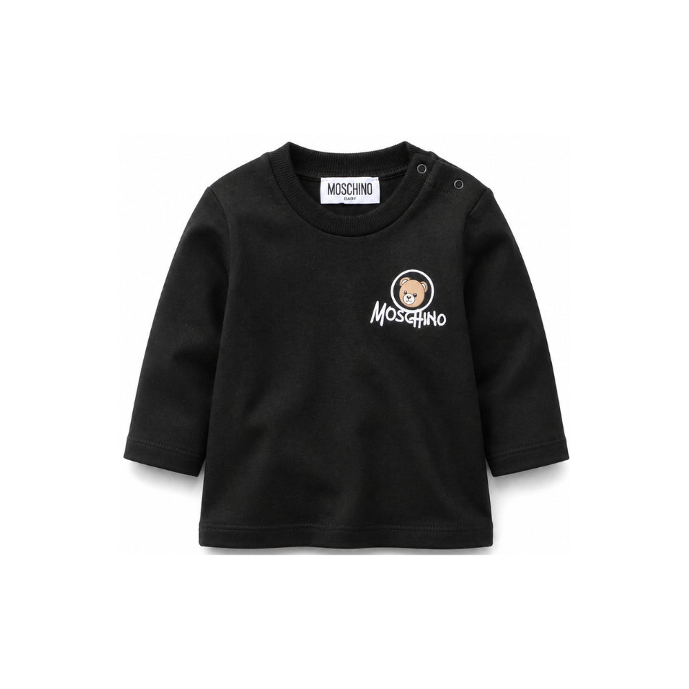 T-shirt per neonata Moschino Kids nera con stampa Teddy sul davanti MRO014LAA34 60100 MOSCHINO KIDS