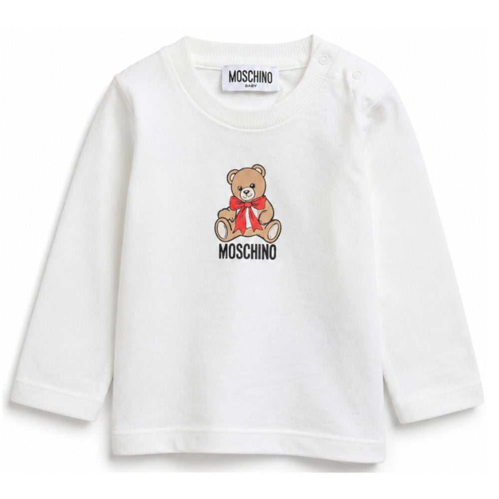 T-shirt per neonati Moschino Kids bianca con stampa Teddy con dettaglio fiocco MTO014LAA10 10063 MOSCHINO KIDS