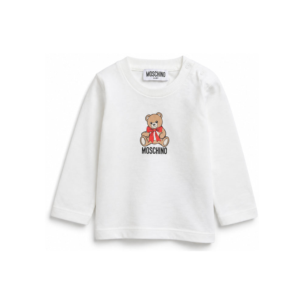 T-shirt per neonati Moschino Kids bianca con stampa Teddy con dettaglio fiocco MTO014LAA10 10063 MOSCHINO KIDS