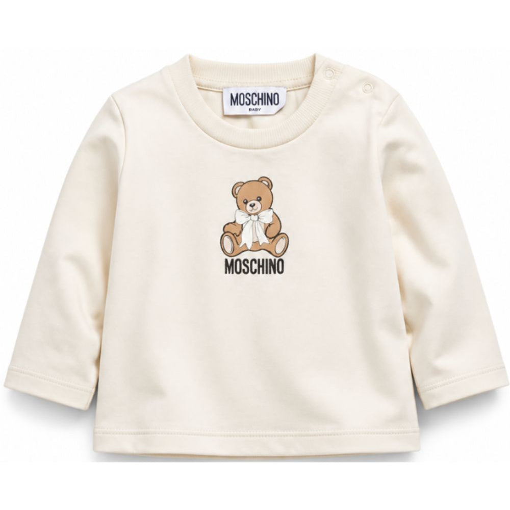T-shirt per neonati Moschino Kids beige con stampa Teddy con dettaglio fiocco MTO014LAA10 20404 MOSCHINO KIDS