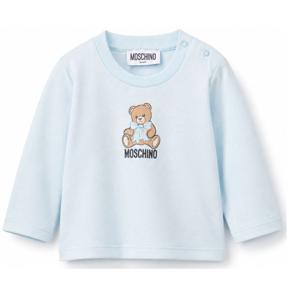T-shirt per neonato Moschino Kids azzurra con stampa Teddy con dettaglio fiocco MTO014LAA10 40304 MOSCHINO KIDS