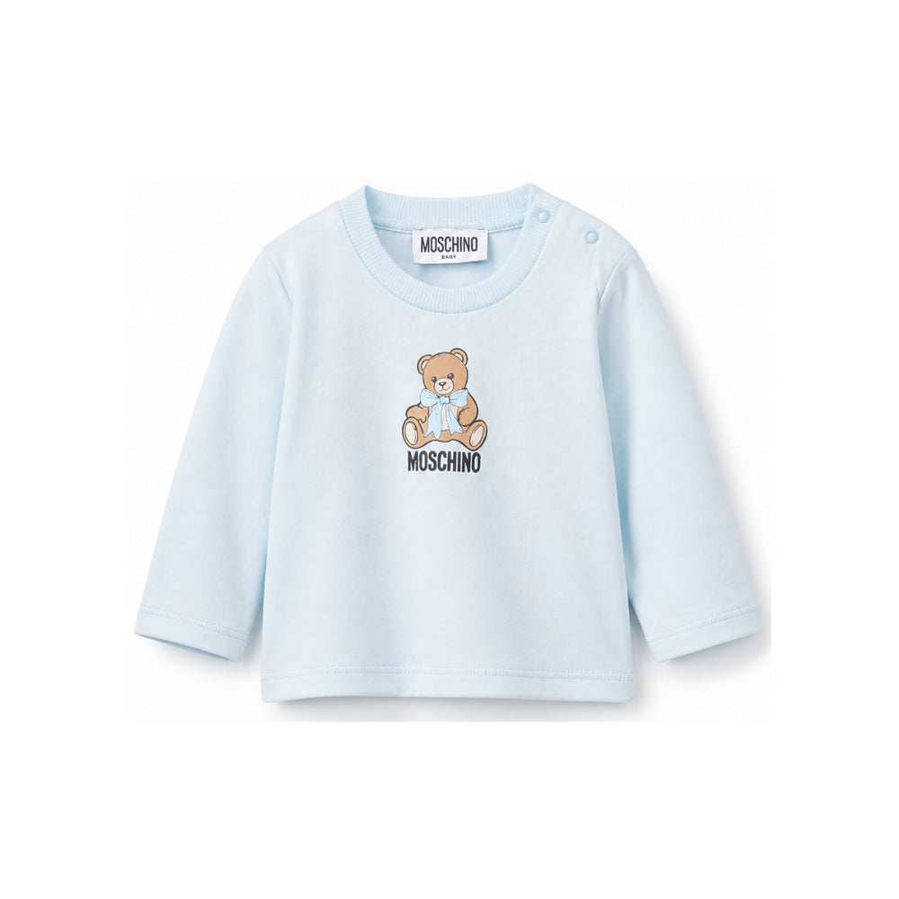 T-shirt per neonato Moschino Kids azzurra con stampa Teddy con dettaglio fiocco MTO014LAA10 40304 MOSCHINO KIDS