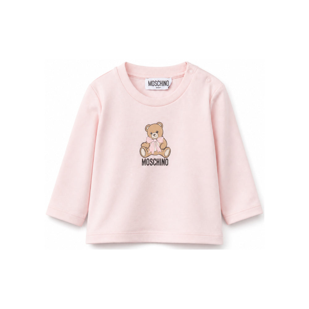T-shirt per neonata Moschino Kids rosa con stampa Teddy con dettaglio fiocco MTO014LAA10 50209 MOSCHINO KIDS