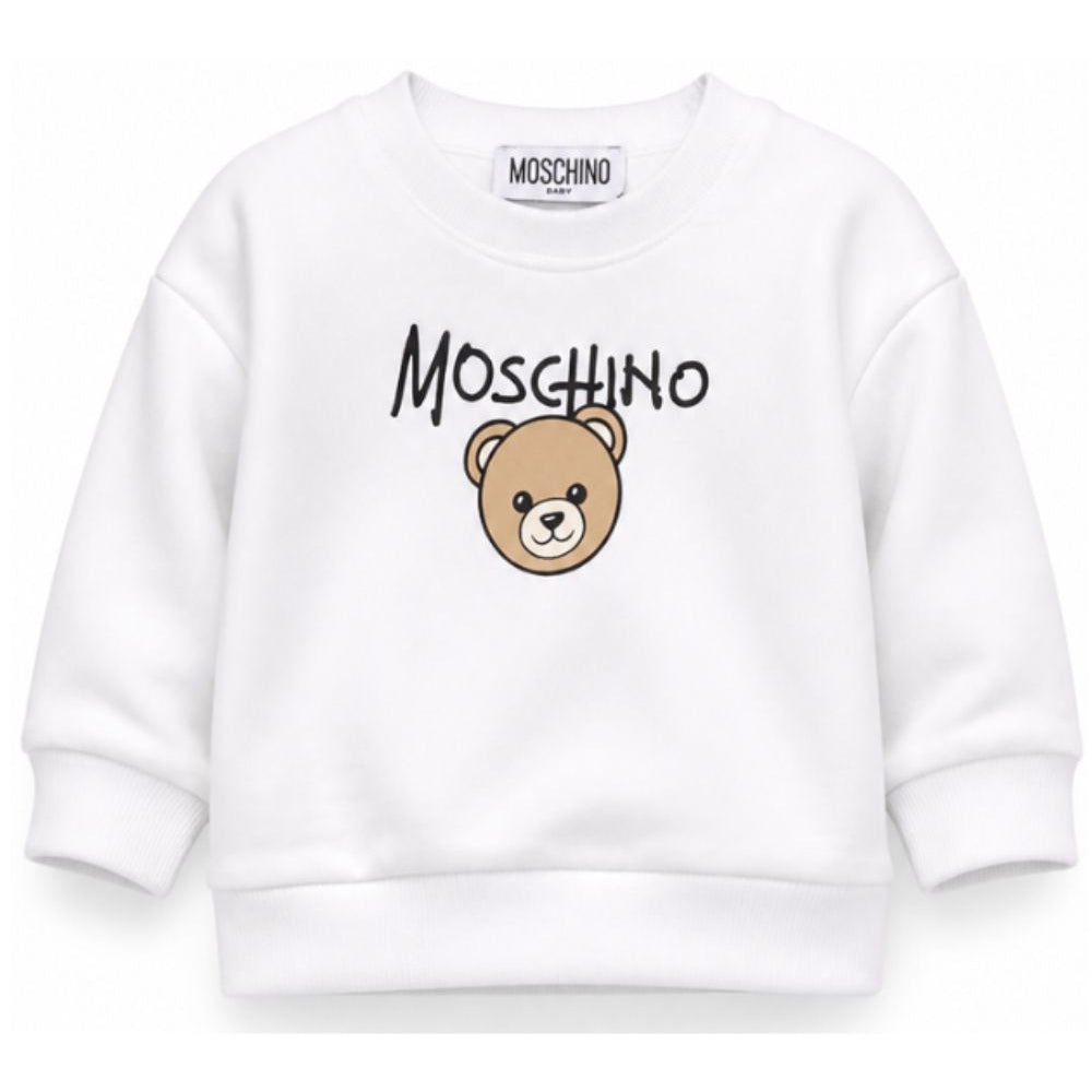 Felpa per neonati Moschino Kids bianca con stampa logo sul davanti MUF06HLCA83 10101 MOSCHINO KIDS