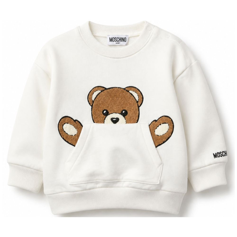 Felpa per neonato Moschino Kids bianco con toppa a forma di orsacchiotto MUF06KLCA93 10063 MOSCHINO KIDS