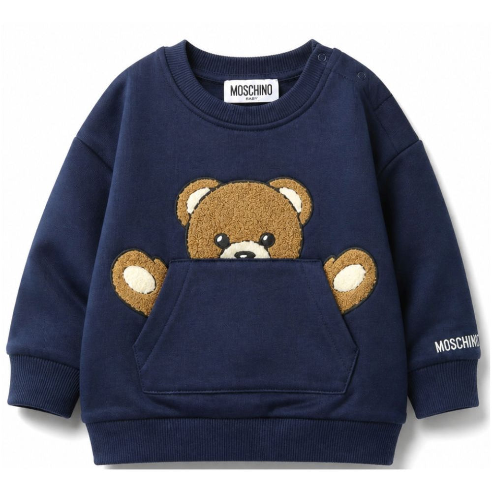 Felpa per neonato Moschino Kids blu con toppa a forma di orsacchiotto MUF06KLCA93 40016 MOSCHINO KIDS