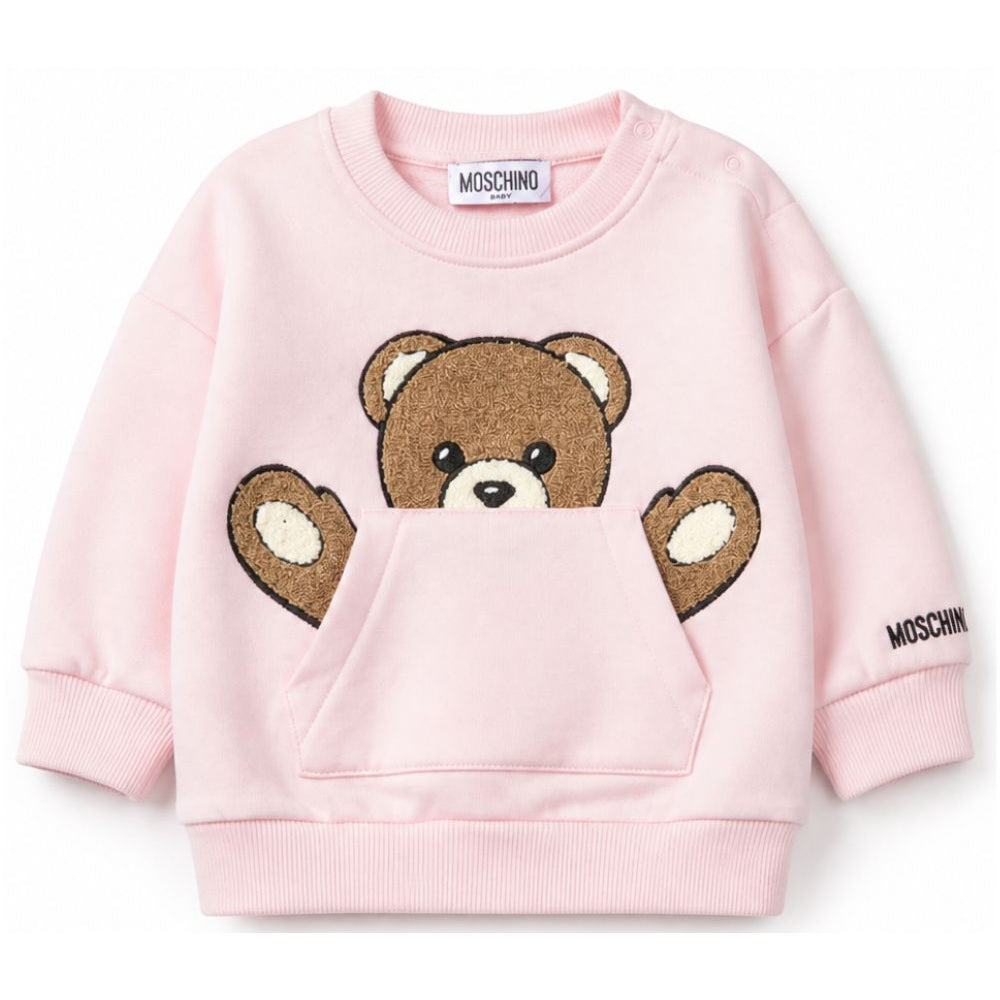 Felpa per neonata Moschino Kids rosa con toppa a forma di orsacchiotto MUF06KLCA93 50209 MOSCHINO KIDS