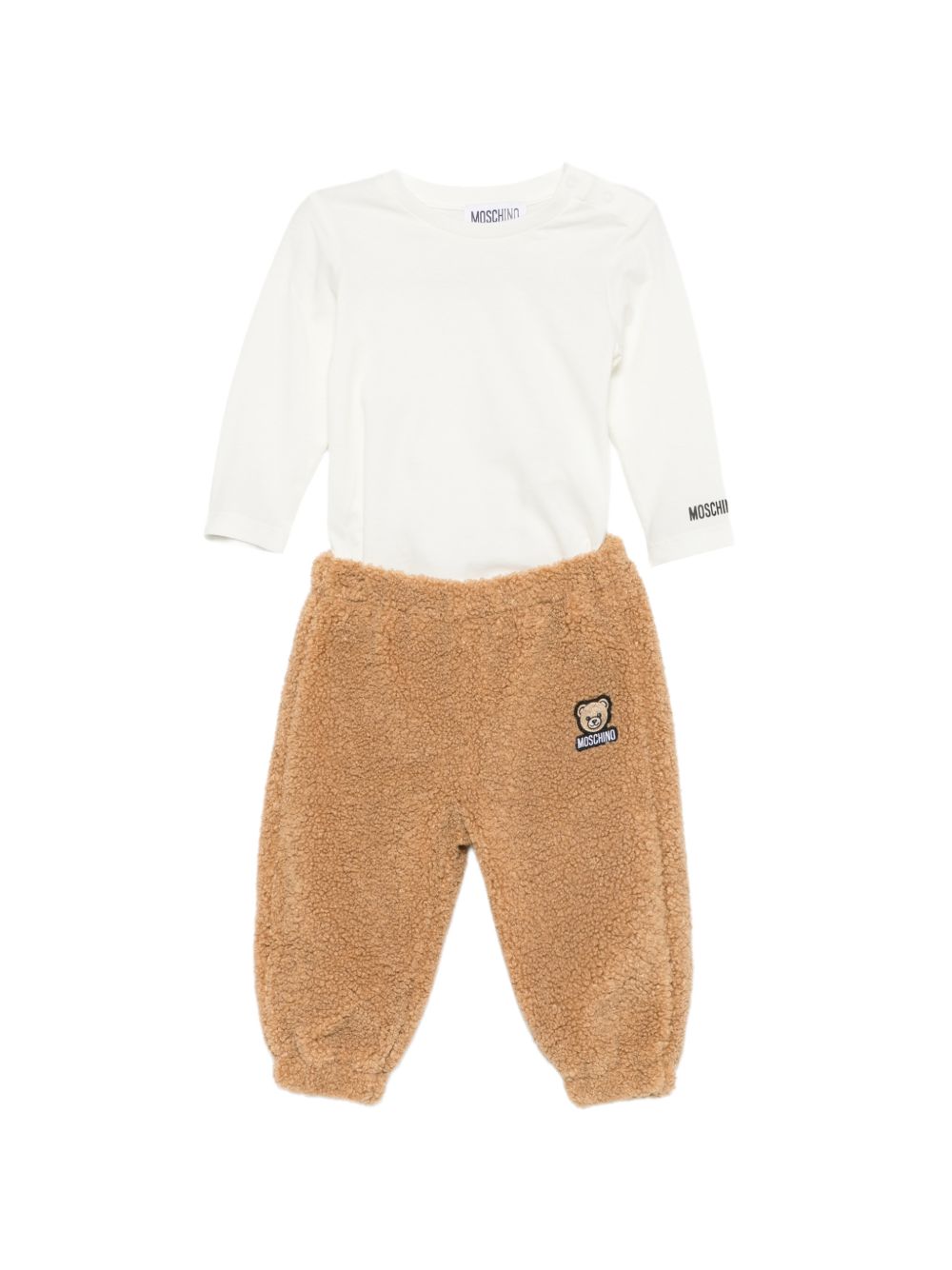 Completo per neonato Moschino Kids marrone in finta pelliccia di montone (set da tre) MUK05TLIA00 20351 MOSCHINO KIDS
