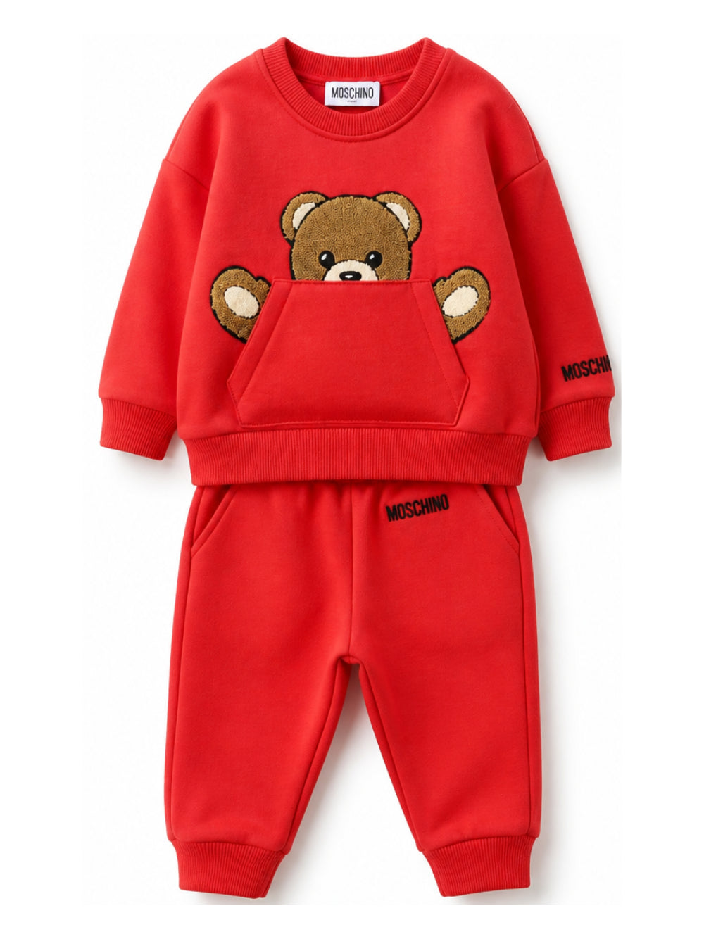 Set di Felpa e Pantalone per neonato Moschino Kids rosso con toppa a forma di orsacchiotto MUK05VLCA93 50109 MOSCHINO KIDS