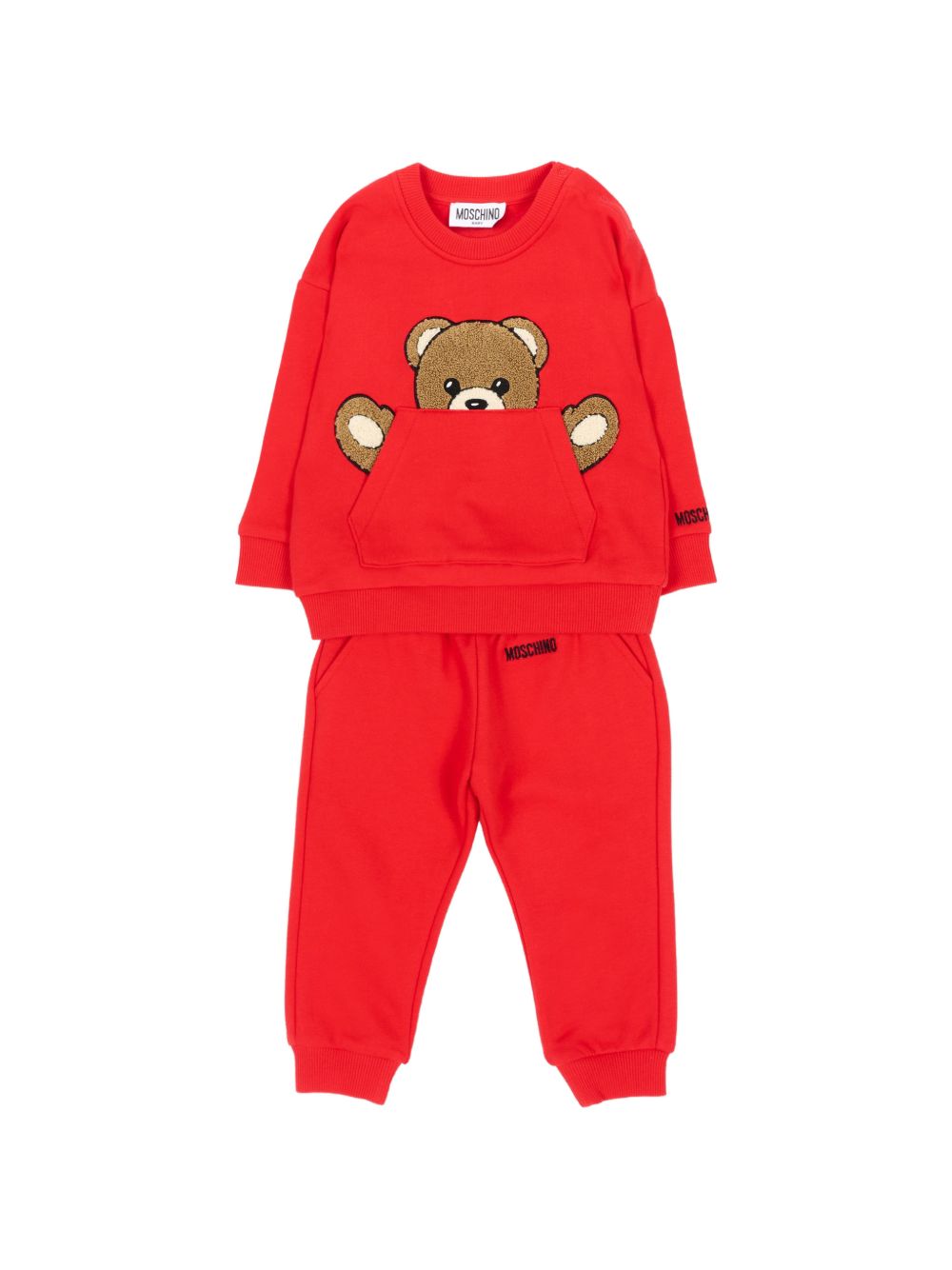 Set di Felpa e Pantalone per neonato Moschino Kids rosso con toppa a forma di orsacchiotto MUK05VLCA93 50109 MOSCHINO KIDS